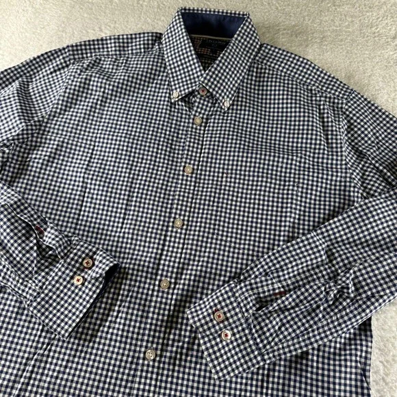 T.M. Lewin‎ Dress Shirt Blue Long Sleeve Button Up Men Size Large Check Pocket - Picture 2 of 7